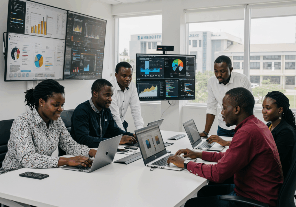 Team of professionals analyzing data dashboards on laptops and screens in a meeting room, showcasing digital transformation in organizational decision-making.