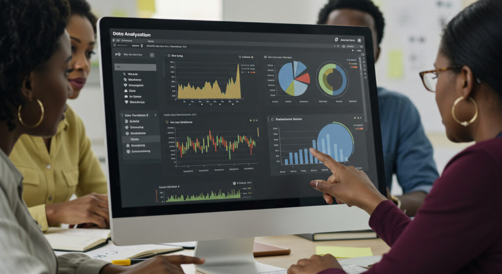 Team of professionals analyzing data dashboards on a large computer screen, showing charts and graphs related to performance, sales, and metrics, representing data-driven decision-making in business.