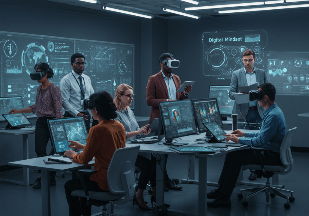 Group of professionals using VR headsets, touchscreens, and digital displays in a high-tech room with data dashboards, representing innovation, digital skills, and a forward-thinking work culture.