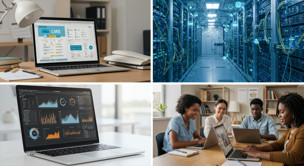 Collage showing a learning management system on a laptop, data center with servers, data analytics dashboard, and diverse students using laptops—highlighting the use of digital technologies in education.