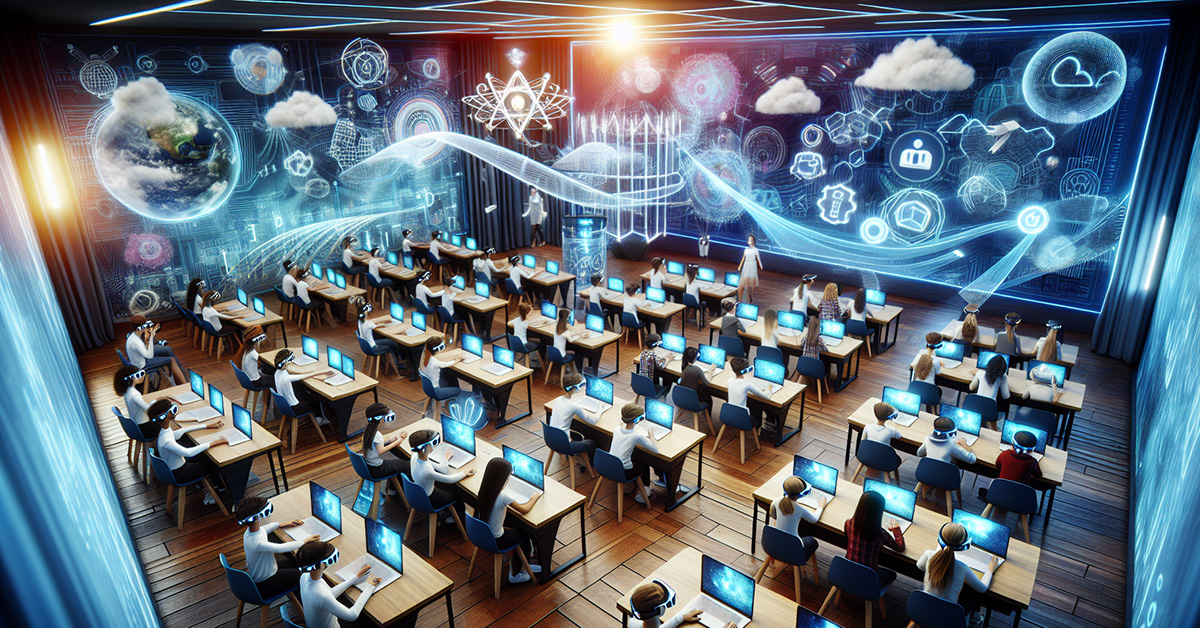 Futuristic classroom or a collage of EdTech tools—VR headset, mobile learning, cloud computing, students interacting with digital screens.