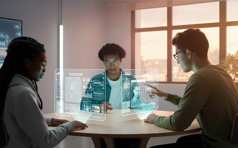 Students using adaptive learning platforms or AI-powered assistants in a digital classroom.