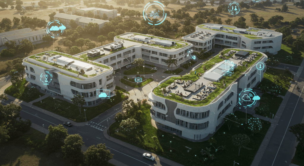 Aerial view of a modern university campus with digital transformation icons representing cloud computing, data analytics, and smart learning systems.