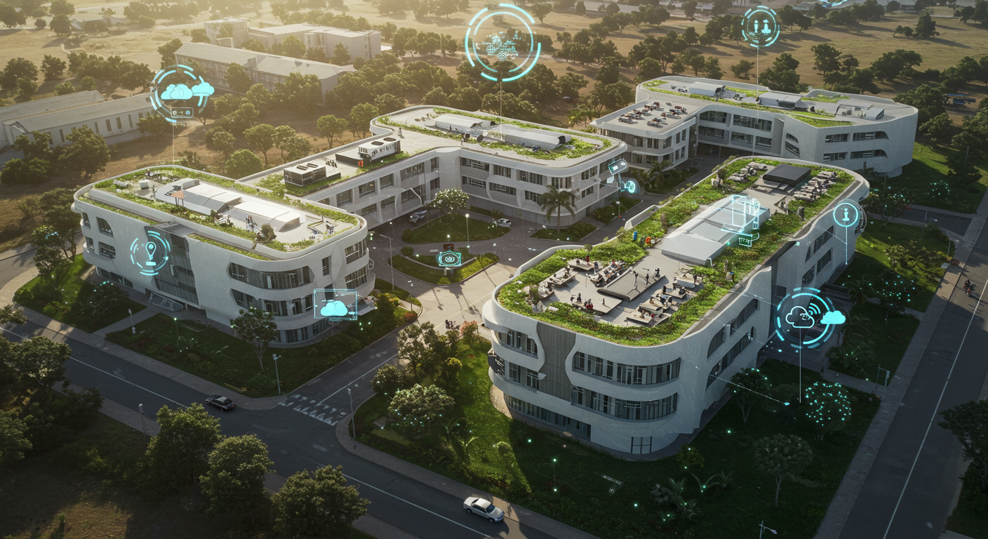 Aerial view of a modern university campus with digital transformation icons representing cloud computing, data analytics, and smart learning systems.