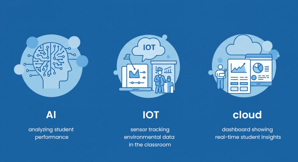 a flat-lay or 3D-style visual showing three tools:
* AI: an icon of a digital brain analyzing student performance
* IoT: a sensor tracking environmental data in the classroom
* Cloud: a dashboard showing real-time student insights