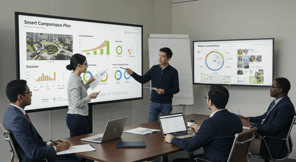 University staff in a meeting reviewing a smart campus plan, with one pointing at a dashboard showing metrics like attendance and energy savings—highlighting smart technology in Nigerian universities while others raise concerns on budget, cybersecurity, and staff training.