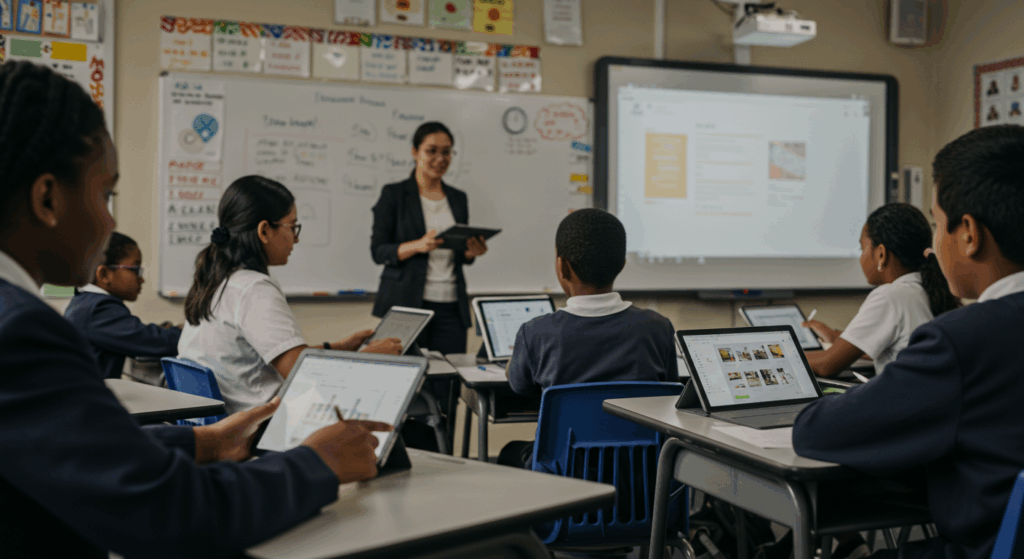 Students using digital tablets and screens displaying real-time performance data, with a teacher navigating content on a smartboard—showcasing smart technology in Nigerian universities like facial recognition entry and digital attendance tracking.