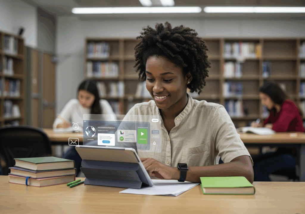 Student using a tablet with interactive dashboard to explore key features of the best LMS for universities in a digital library setting
