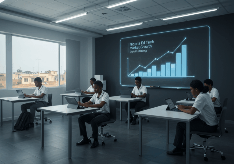 Students using laptops in a digital classroom in Nigeria, with a projected chart showing upward trends in Nigeria EdTech market forecast and digital learning growth.