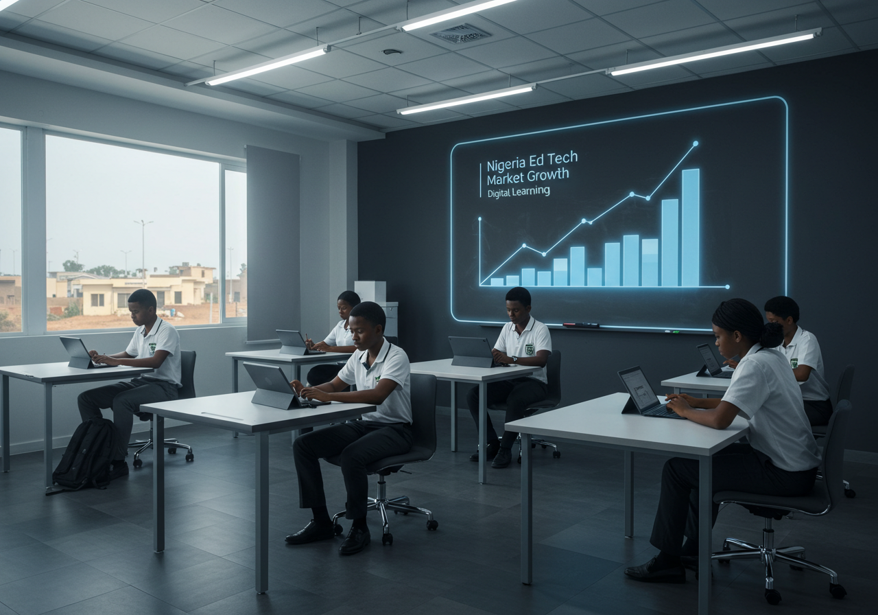 Students using laptops in a digital classroom in Nigeria, with a projected chart showing upward trends in Nigeria EdTech market forecast and digital learning growth.