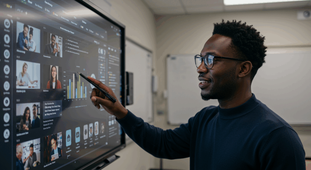 Educator analyzing data on a digital smart board using the best LMS for universities to track student engagement and online class performance