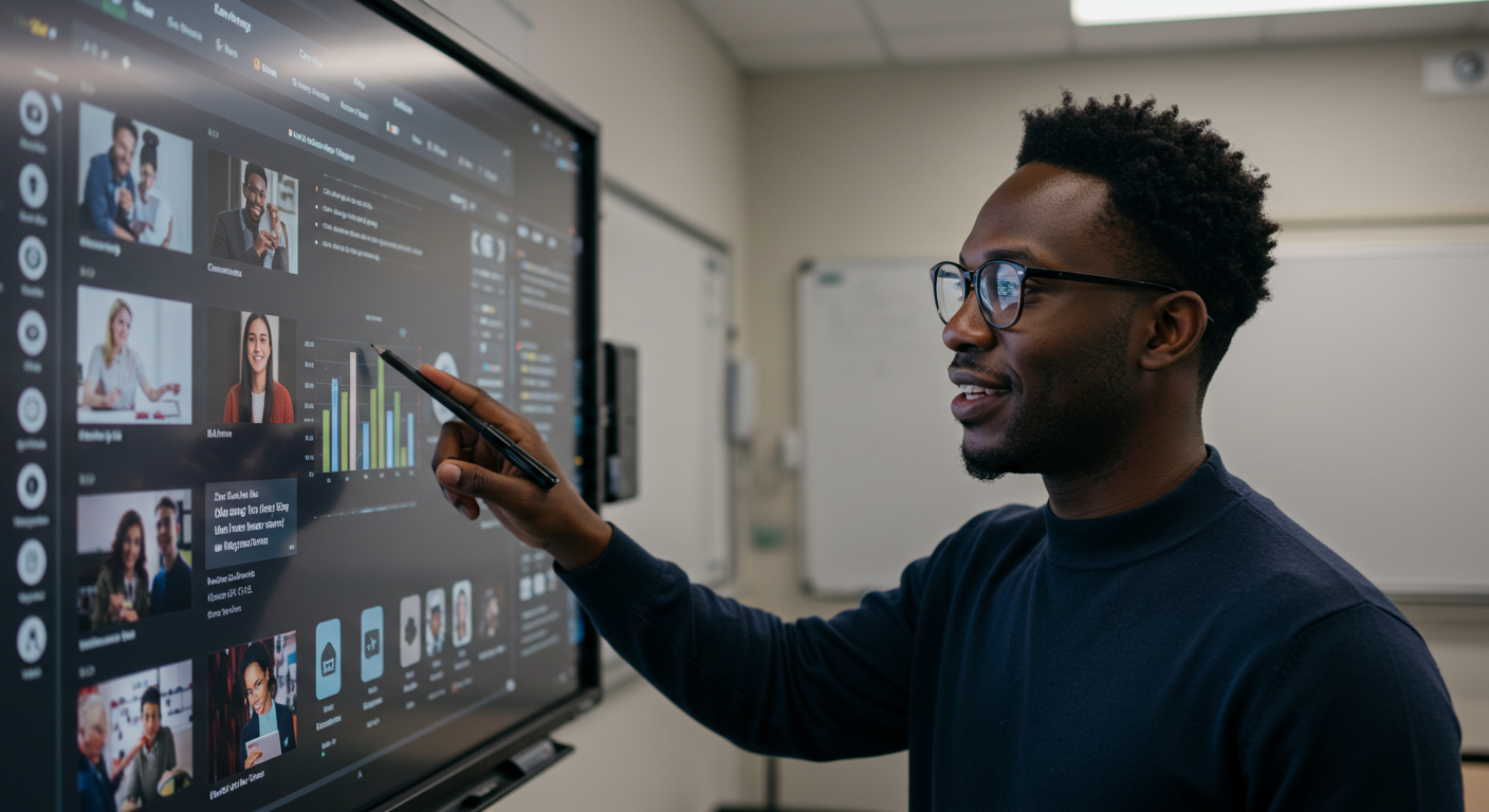 Educator analyzing data on a digital smart board using the best LMS for universities to track student engagement and online class performance