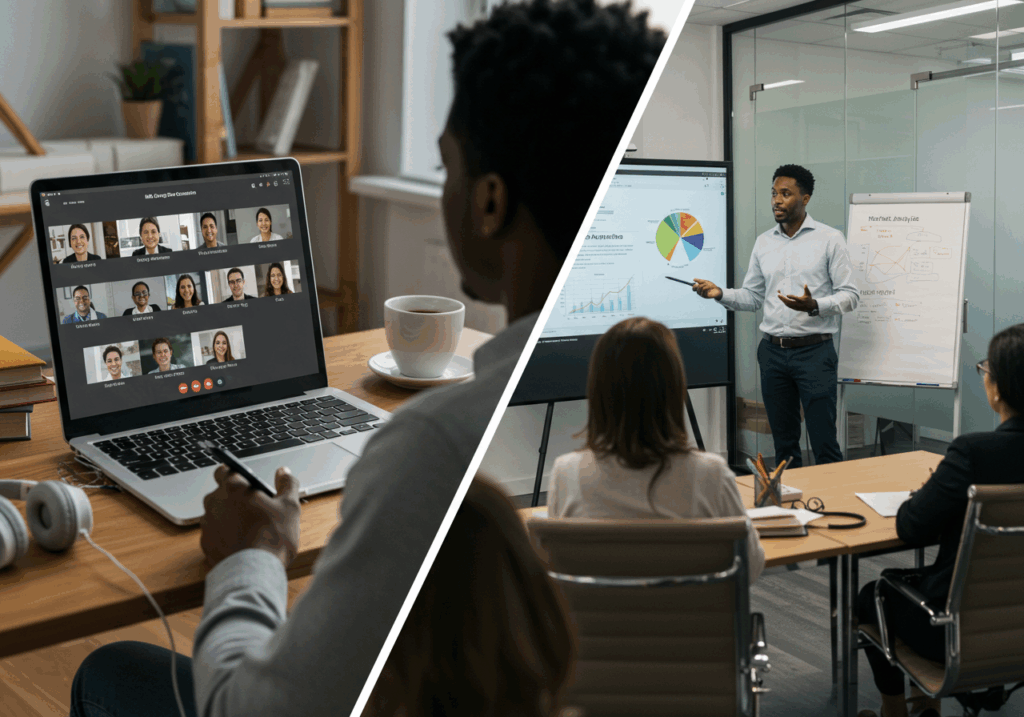 Hybrid learning setup showing in-person presentation and virtual classroom, demonstrating flexible delivery methods supported by the best LMS for universities