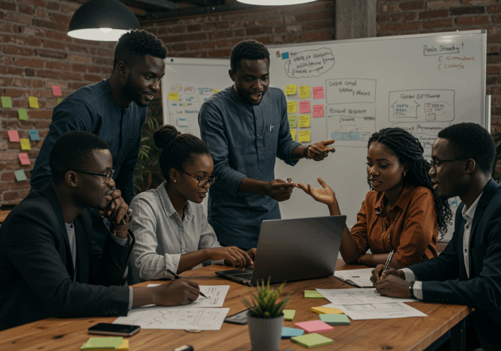 Group of Nigerian professionals discussing EdTech strategies in a modern office, symbolizing innovation, collaboration, and growth in the Nigeria EdTech market forecast.