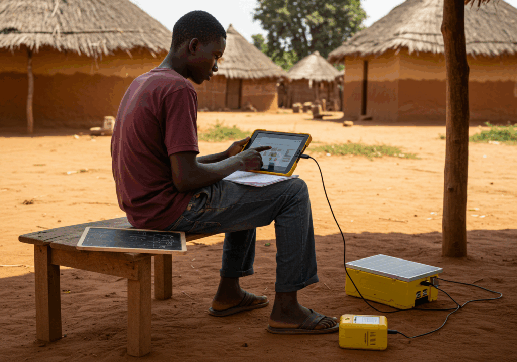 A Nigerian student using a tablet powered by solar energy in a rural area, reflecting the digital access challenges and growth potential in the Nigeria EdTech market forecast.