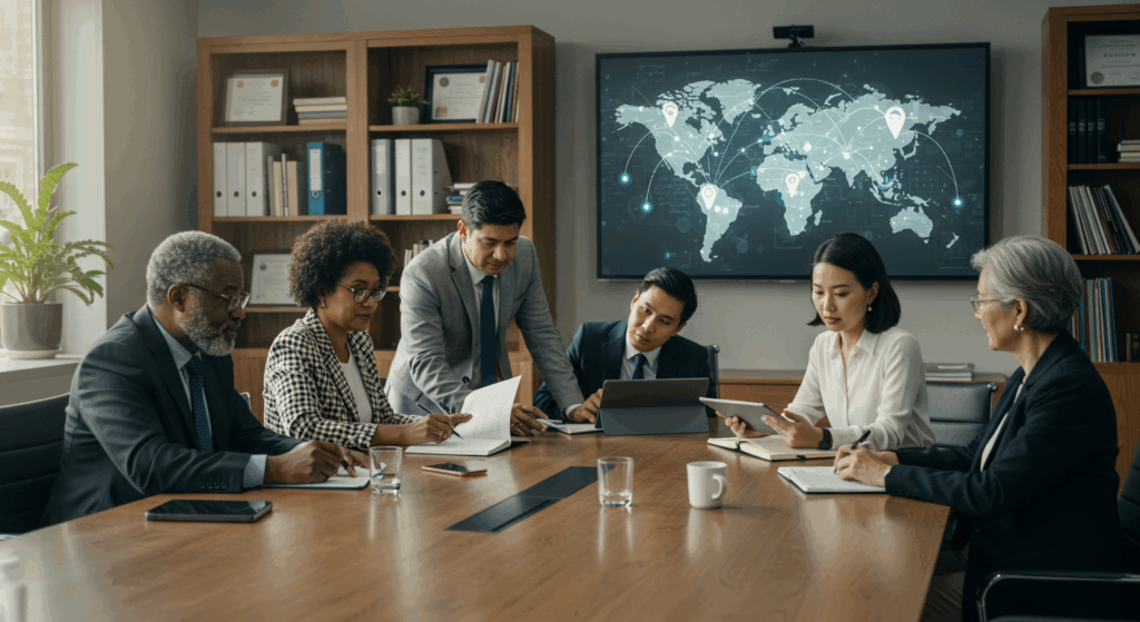 International academic team discussing strategies for Global University Partnerships in a boardroom with a world map on screen.