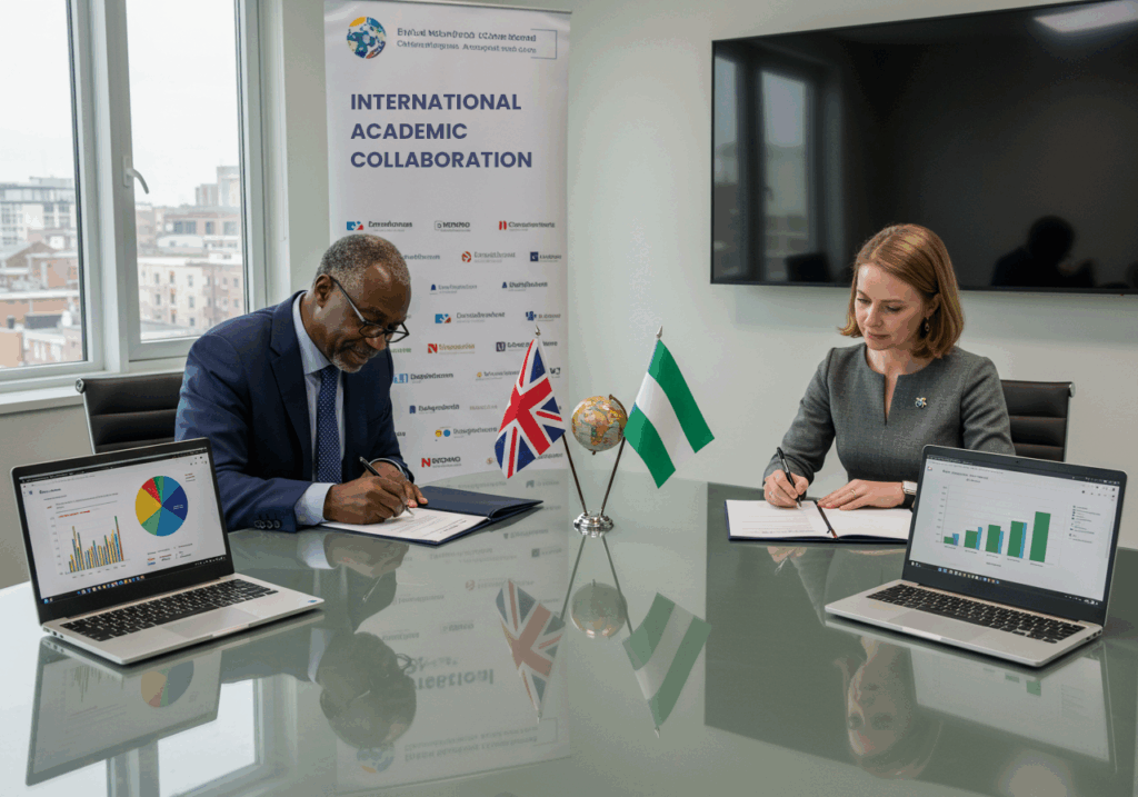 Representatives from two countries signing an agreement for Global University Partnerships, with flags and data charts visible on laptops.