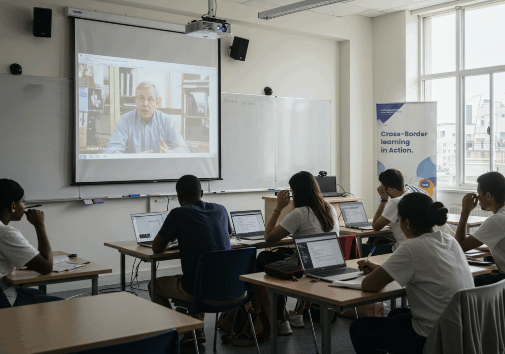 Students attending an online lecture as part of Global University Partnerships, with a banner reading “Cross-Border Learning in Action.”