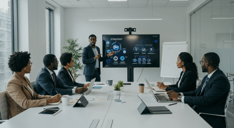 Trainer presenting digital tools to employees as part of corporate training programs.