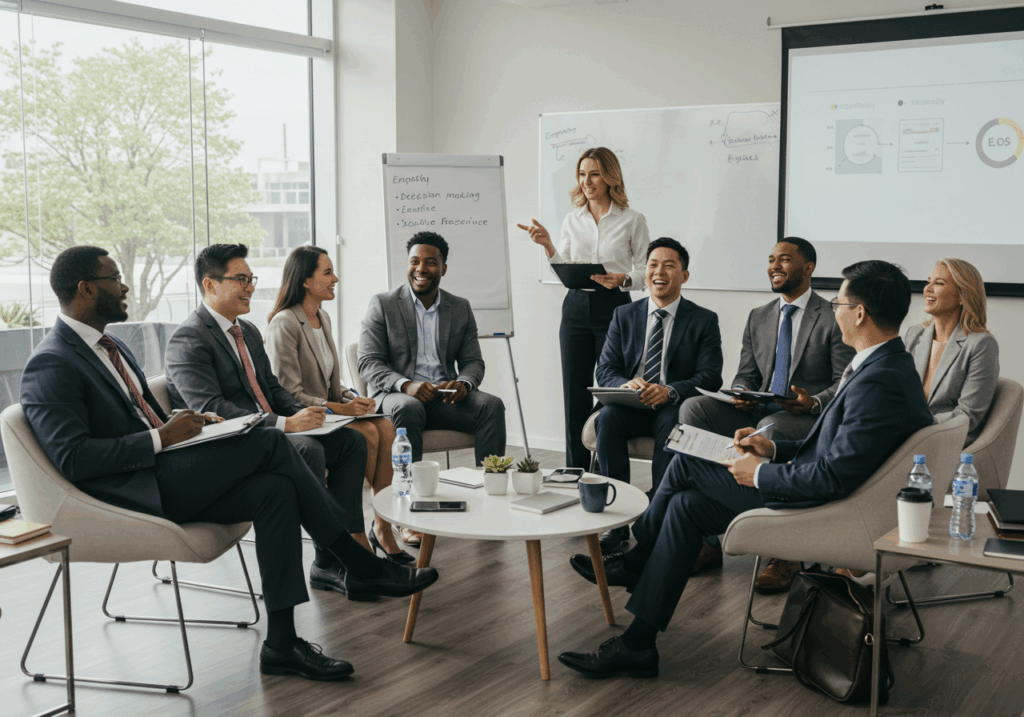 Diverse business leaders discussing strategies in corporate training programs meeting.
