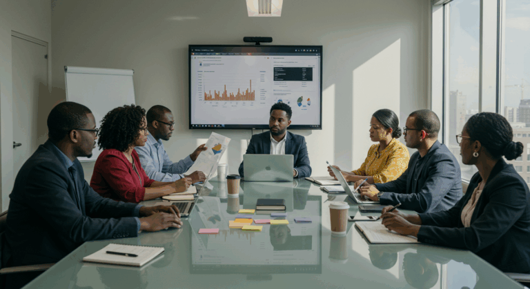 Team meeting discussing strategies for optimising student data systems using data insights