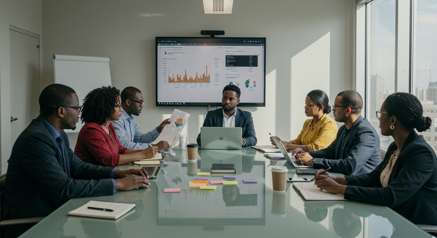 Team meeting discussing strategies for optimising student data systems using data insights