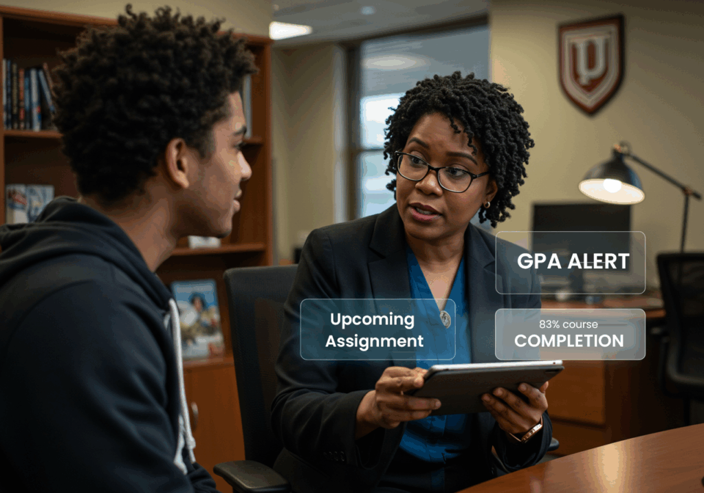 Academic advisor using digital tools for optimising student data systems to track progress
