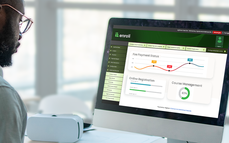 Student using Enroli SIS to manage digital campus in higher education through online registration and fee tracking.