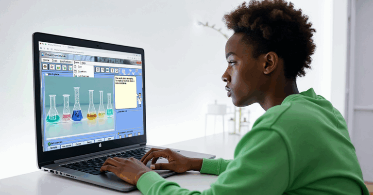 Young learner conducting experiments in virtual labs on a laptop