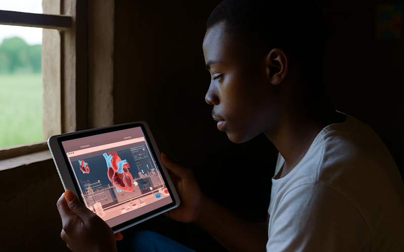 Student using simulation tools for STEM education on a tablet in a rural area
