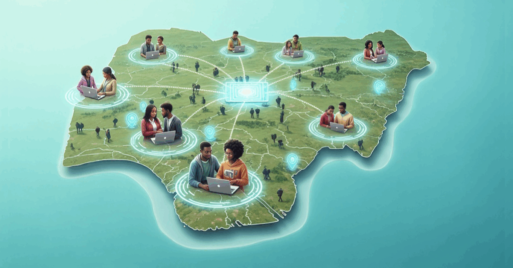 Map of Nigeria with students connected digitally across regions, emphasizing scalable EdTech solutions for nationwide education access.