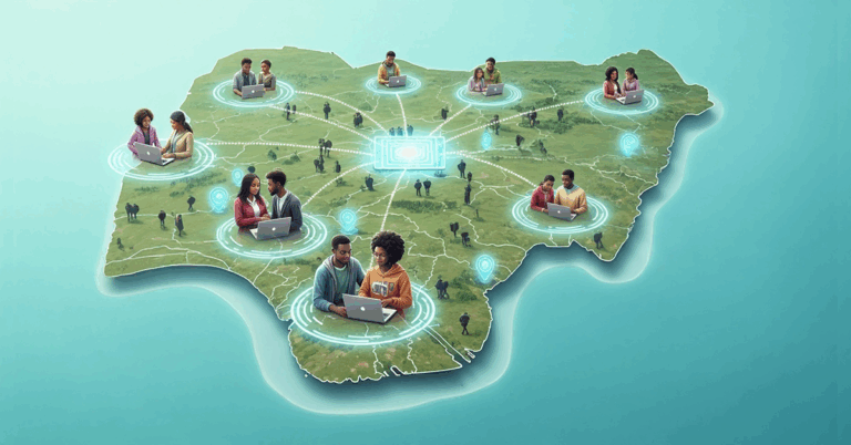 Map of Nigeria with students connected digitally across regions, emphasizing scalable EdTech solutions for nationwide education access.