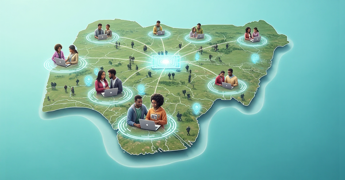 Map of Nigeria with students connected digitally across regions, emphasizing scalable EdTech solutions for nationwide education access.