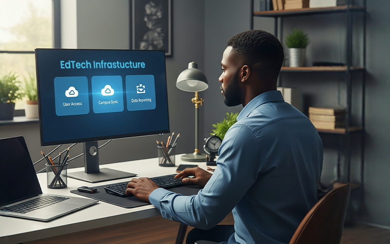 Professional working on a computer displaying EdTech infrastructure tools, representing scalable EdTech solutions for universities.