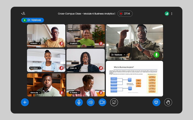 Virtual classroom session with multiple students and a teacher discussing business analytics, showcasing scalable EdTech solutions for higher education.