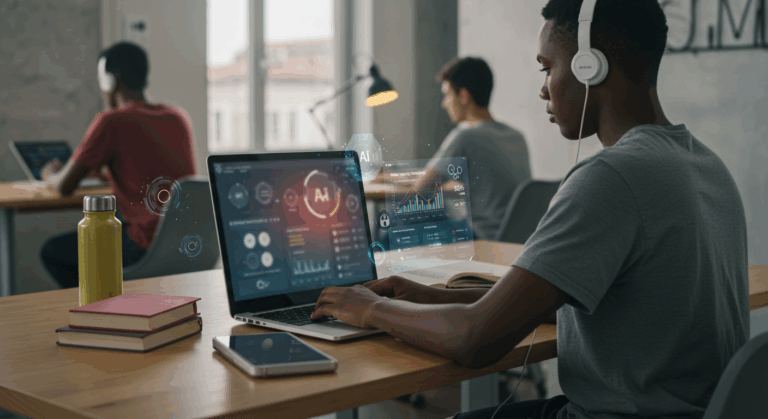 Student using a laptop with AI-powered data analytics interface, representing artificial intelligence in education for learning enhancement.