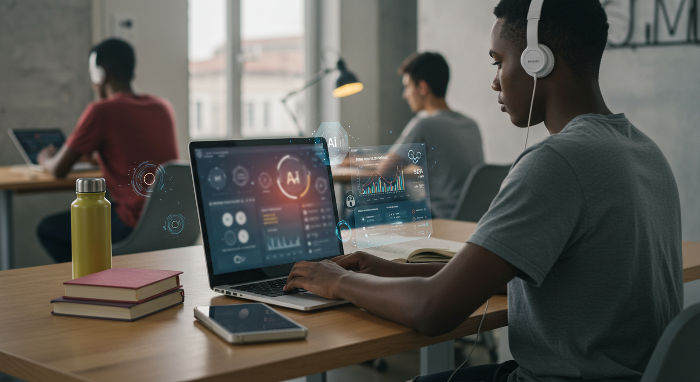 Student using a laptop with AI-powered data analytics interface, representing artificial intelligence in education for learning enhancement.