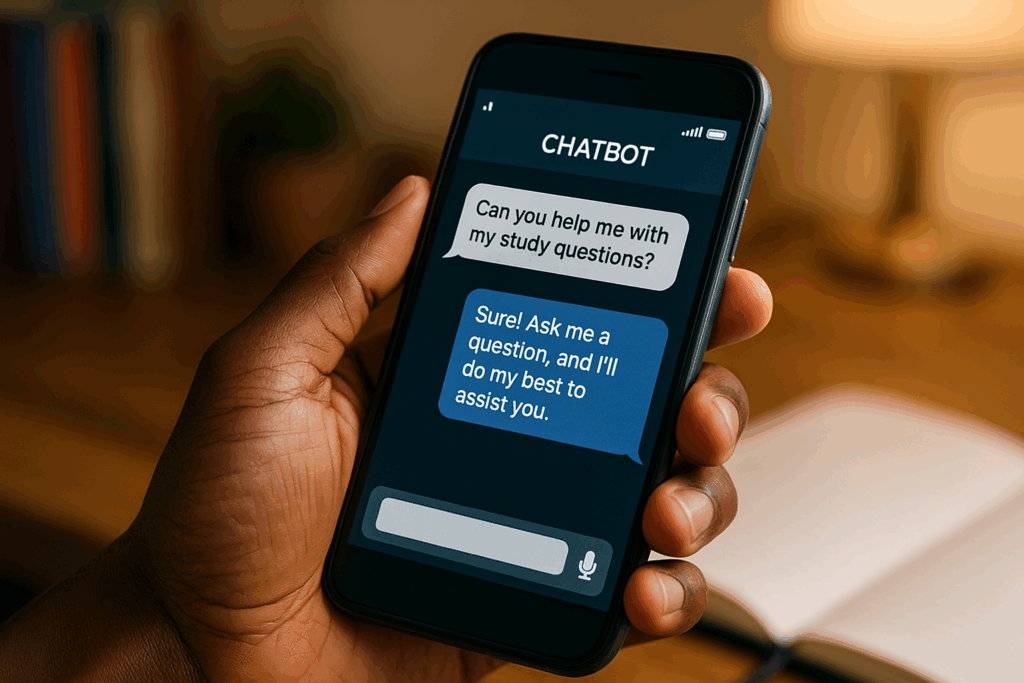 Mobile chatbot interface helping with study questions, showcasing artificial intelligence in education for personalized student support.