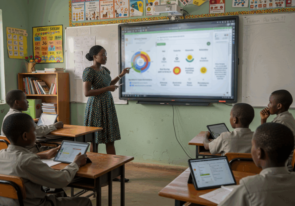 Teacher using an interactive smartboard while students learn on tablets, demonstrating artificial intelligence in education for classroom engagement.