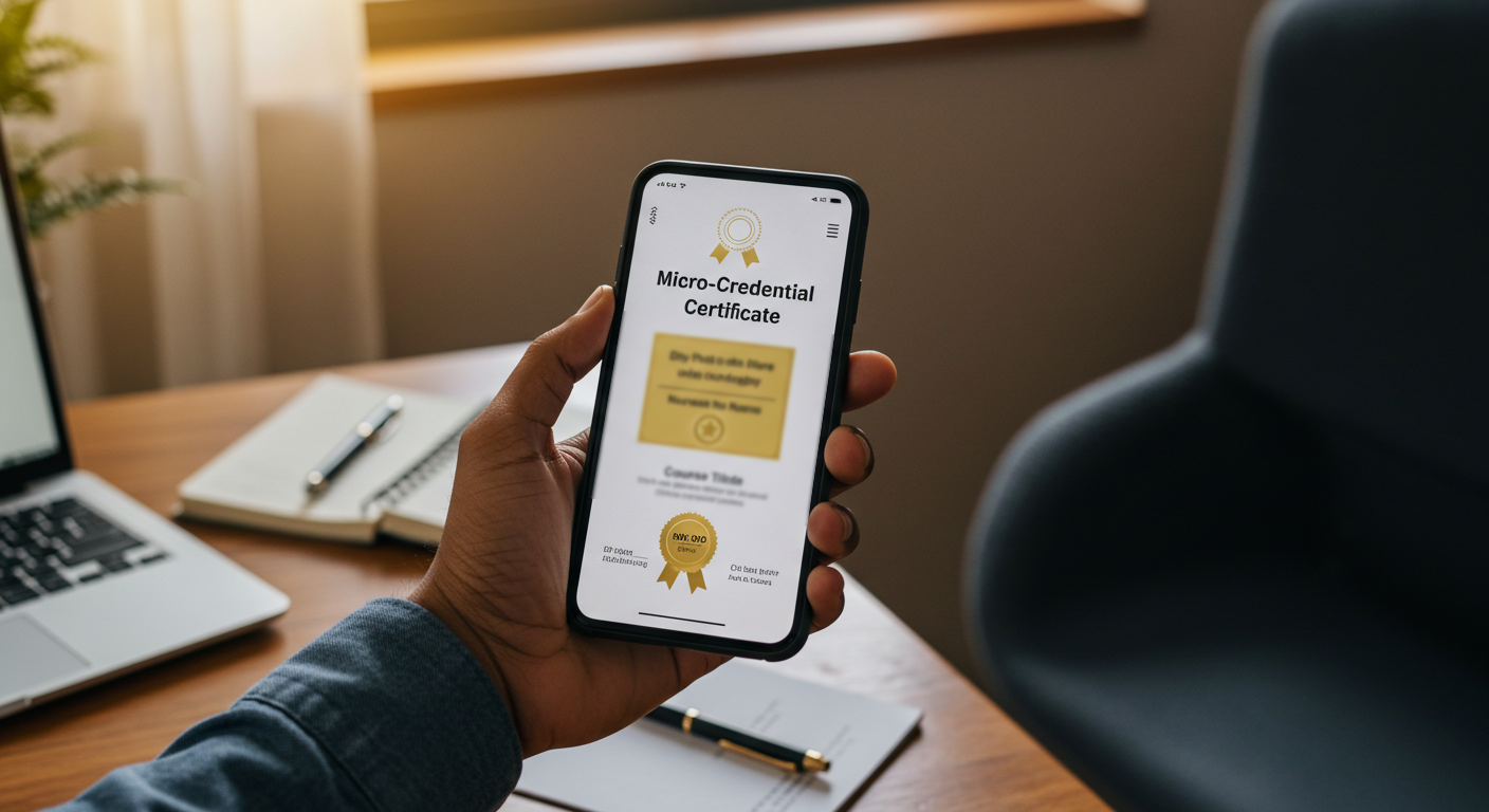 Person holding a smartphone displaying a micro-credential certificate, representing the value of short courses and micro-credentials for career growth.