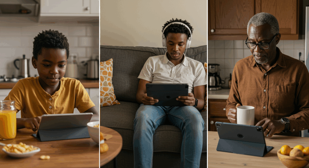 Three generations learning online with tablets at home, highlighting accessibility of short courses and micro-credentials.