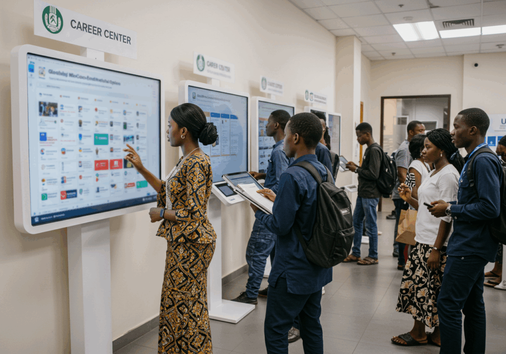 Students exploring digital career center options on large screens, focusing on opportunities through short courses and micro-credentials.