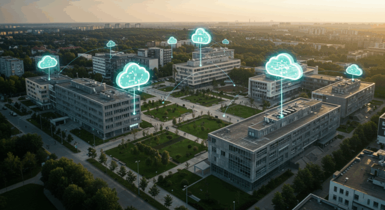 Smart university campus connected with cloud computing for digital education and resource sharing.