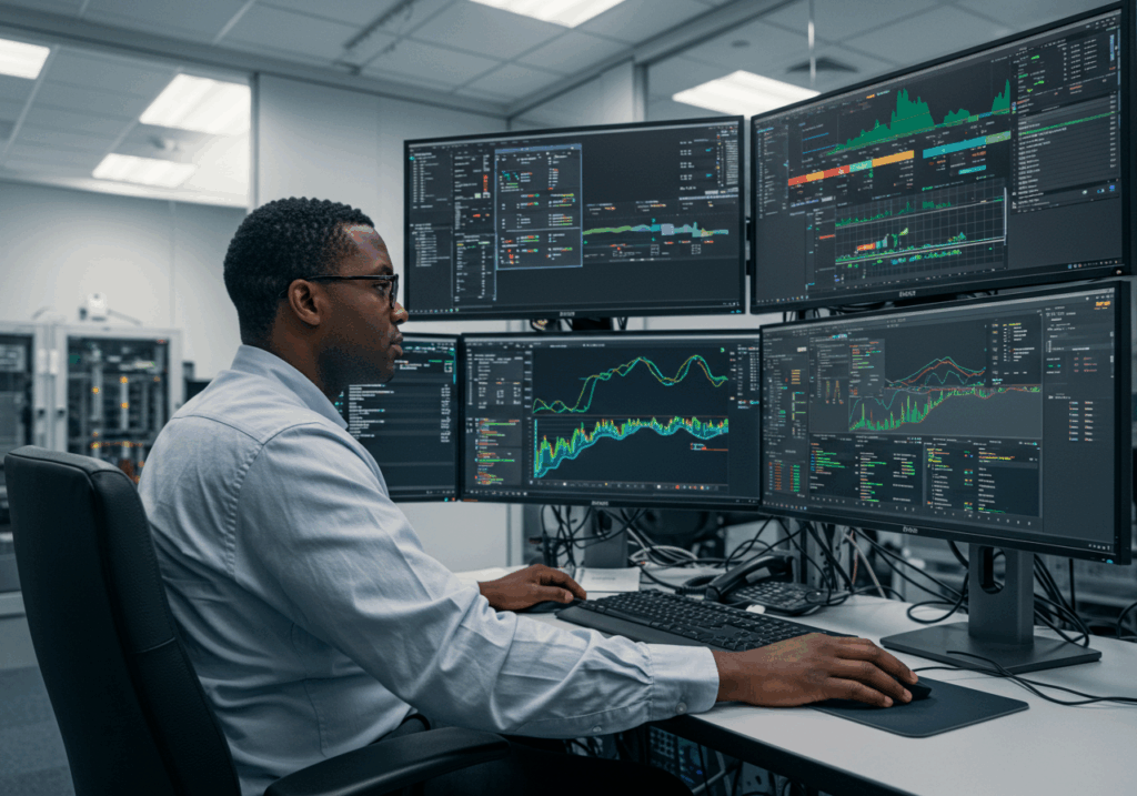 IT specialist analyzing big data and system performance through cloud computing dashboards.
