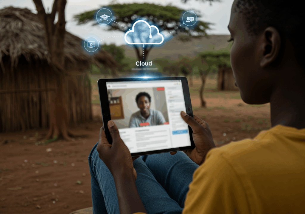 Student accessing online learning through cloud computing on a tablet in a rural setting.