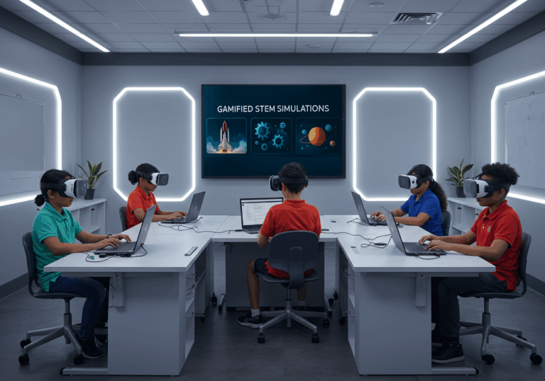 Students exploring science concepts through virtual reality as part of gamification in education in a modern STEM classroom.