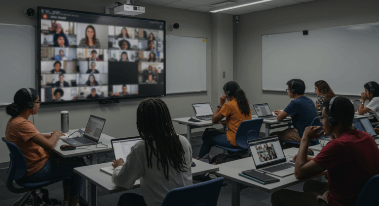 Students in a classroom wearing headphones, engaging in an online video conference with multiple participants displayed on a large screen, demonstrating flexible hybrid learning models that blend in-person and virtual education.