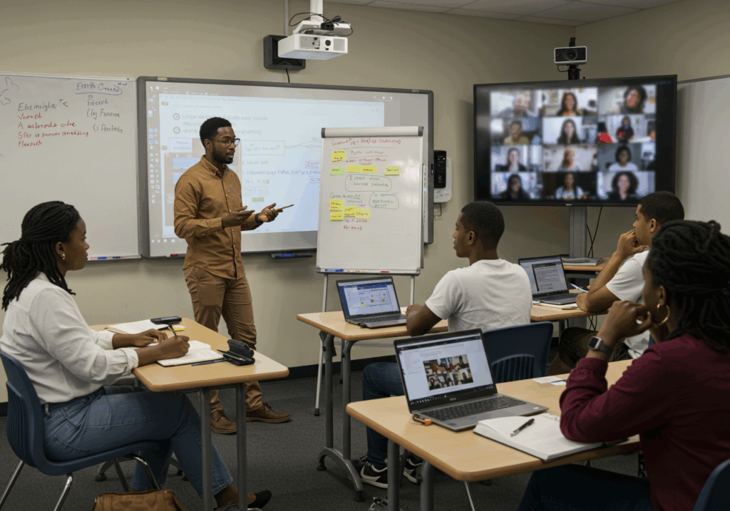 A teacher conducting a lesson in a classroom with students using laptops and a video call displayed on a large screen, showing flexible hybrid learning models combining face-to-face and online teaching.
