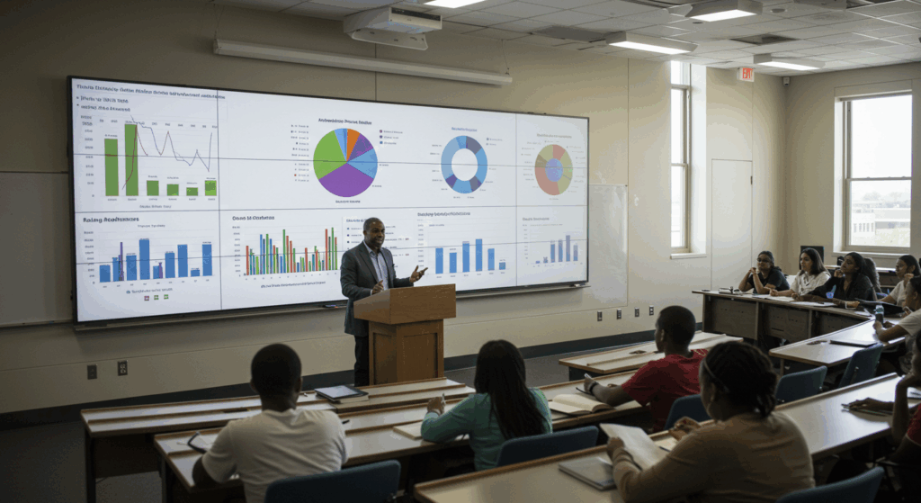 Professor presenting big data in higher education using charts and analytics on a large screen to students in a classroom.