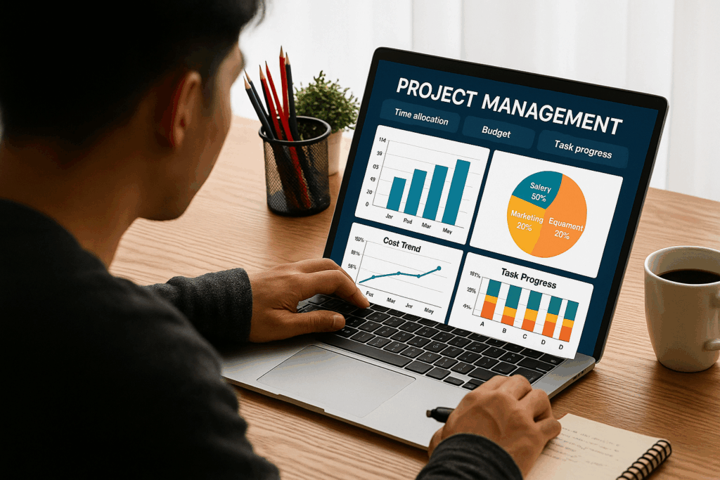 tudent analyzing project data on a laptop with graphs and charts showing the role of big data in higher education.